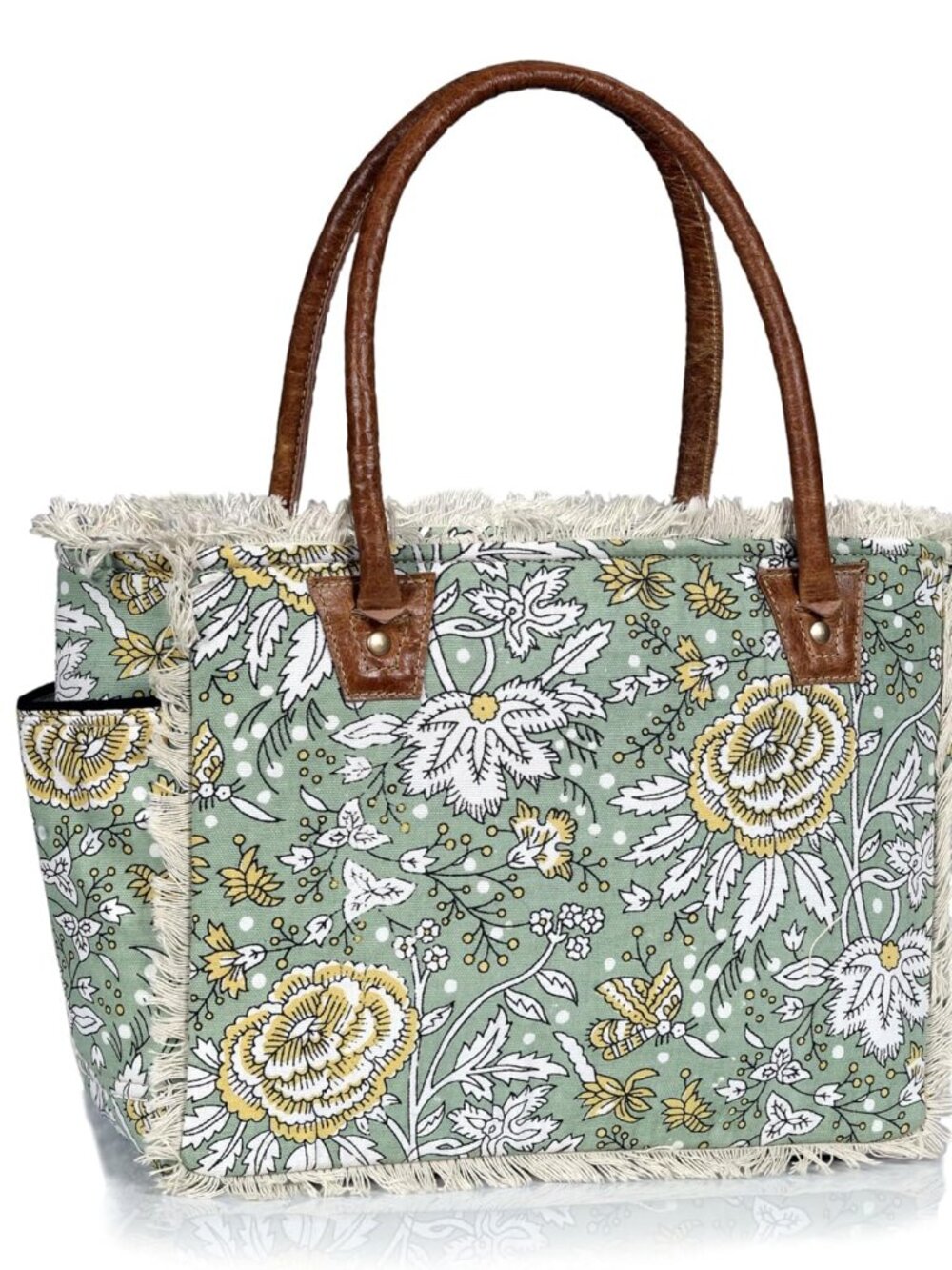 Boho Floral Canvas Tote Bag – Large Green Shoulder Bag with Fringe & Leather Han